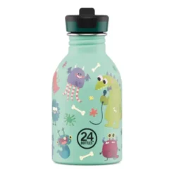 Kindertrinkflasche 0,25 l mit Monster Motiv – Edelstahlflasche in mint mit Sporttrinkverschluss und Strohhalm
