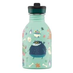 Kindertrinkflasche 0,25 l mit Monster Motiv – Edelstahlflasche in mint mit Sporttrinkverschluss und Strohhalm