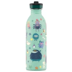 Kindertrinkflasche 0,5 l mit Monster Motiv – Edelstahlflasche in mint mit Sporttrinkverschluss und Strohhalm