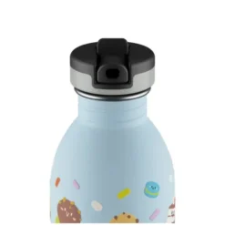 Kindertrinkflasche 0,25 l mit Süßigkeiten Motiv - Edelstahlflasche mit Strohhalm und Sporttrinkverschluss