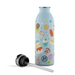 Kindertrinkflasche 0,5 l mit Süßigkeiten Motiv - Edelstahlflasche mit Strohhalm und Sporttrinkverschluss