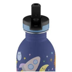 Kindertrinkflasche 0,25 l mit Weltall Motiv - Edelstahlflasche mit Strohhalm und Sporttrinkverschluss