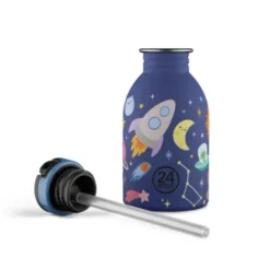 Kindertrinkflasche 0,25 l mit Weltall Motiv - Edelstahlflasche mit Strohhalm und Sporttrinkverschluss
