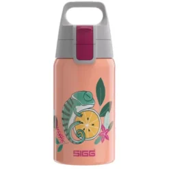 Kindertrinkflasche SHIELD ONE 0,5 l – Edelstahlflasche pastell-orange mit Chamäleon-Motiv