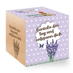 Lavendel im Holzwürfel - Genieße den Tag und entspann dich