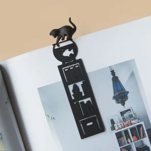 Lesezeichen fischende Katze, Kunststoff schwarz