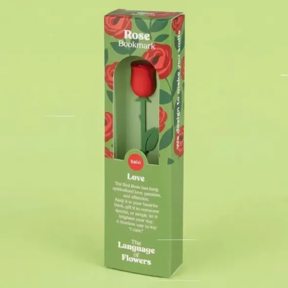 Lesezeichen Rose aus Kunststoff, Buchmarker LOVE mit roter 3D Blüte