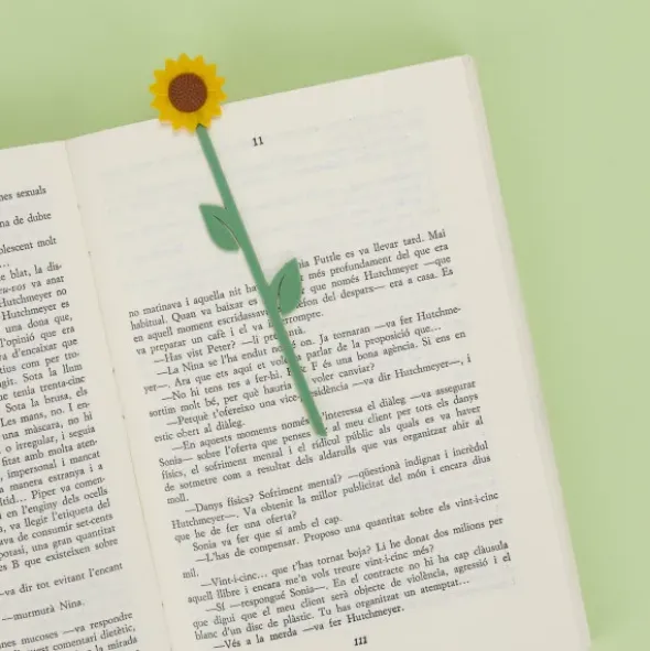 Lesezeichen Sonnenblume aus Kunststoff, Buchmarker HAPPINESS mit gelber 3D Blüte