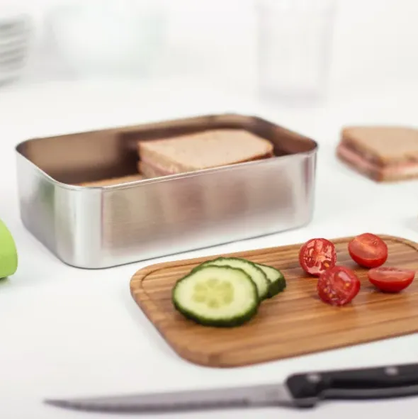Lunchbox Edelstahl mit Bambusdeckel L, elastisches Band grün