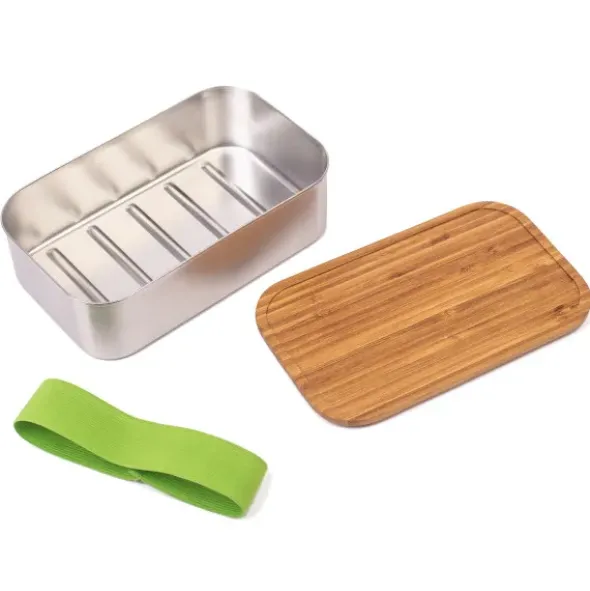 Lunchbox Edelstahl mit Bambusdeckel L, elastisches Band grün