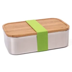 Lunchbox Edelstahl mit Bambusdeckel L, elastisches Band grün