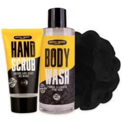 Männer Geschenkset mit Duschgel, Handpeeling & Netzschwamm in witziger Thermotasche