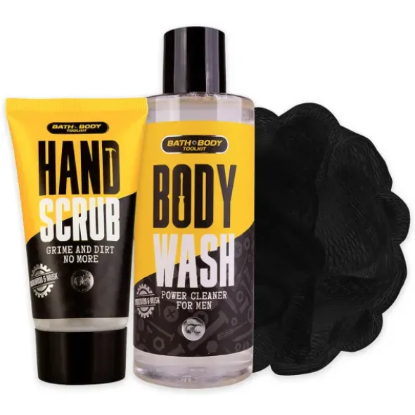 Männer Geschenkset mit Duschgel, Handpeeling & Netzschwamm in witziger Thermotasche