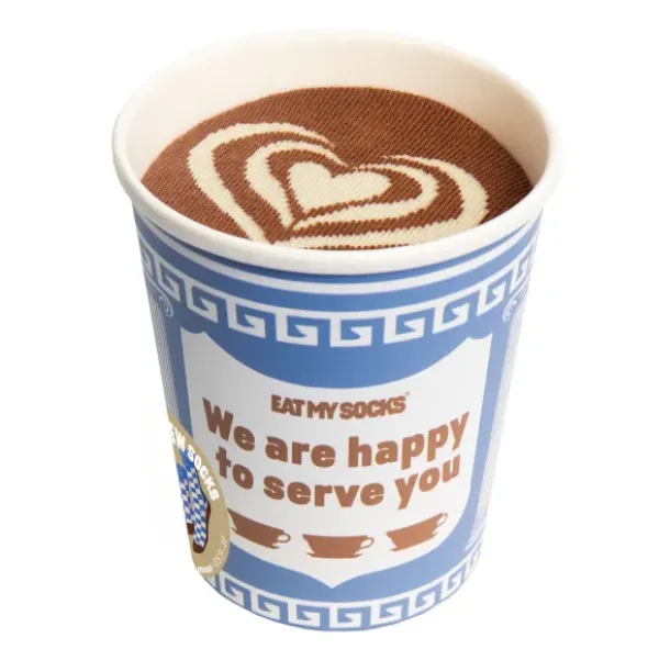 Motivsocken kariert blau weiß – im Coffee to go Becher mit griechischem Design