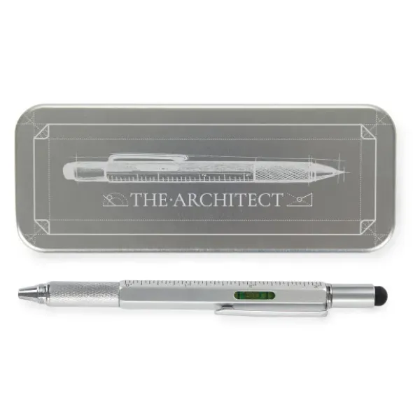 Multifunktionsstift The Architekt silber - Kugelschreiber mit Wasserwaage, Stylus, Bits & Lineal
