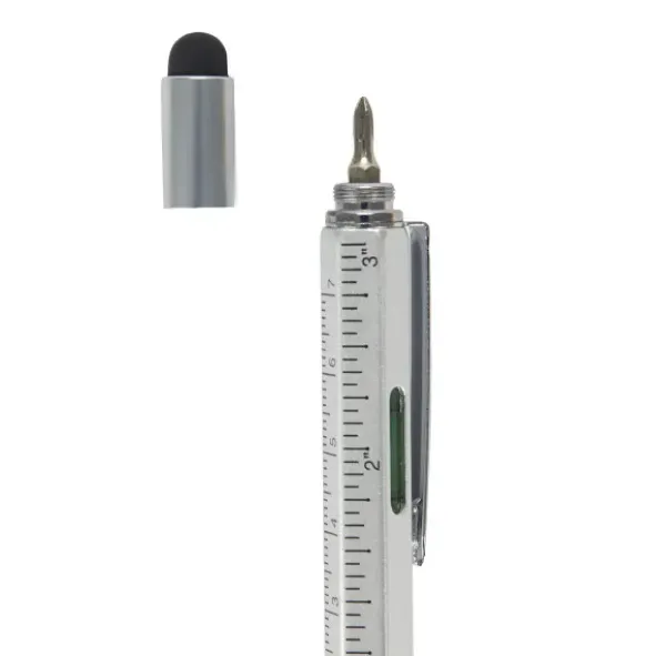 Multifunktionsstift The Architekt silber - Kugelschreiber mit Wasserwaage, Stylus, Bits & Lineal