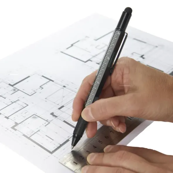 Multifunktionsstift The Architekt schwarz - Kugelschreiber mit Wasserwaage, Stylus, Bits & Lineal