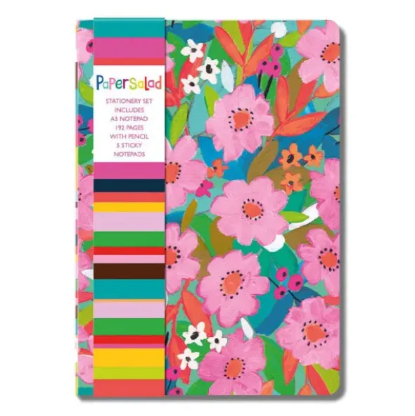 Notizset DIN A5 mit Blumenmotiv bunt - mit Notizblock, Haftnotizen und Bleistift