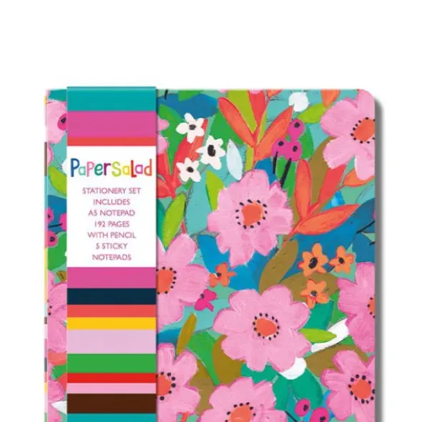 Notizset DIN A5 mit Blumenmotiv bunt - mit Notizblock, Haftnotizen und Bleistift