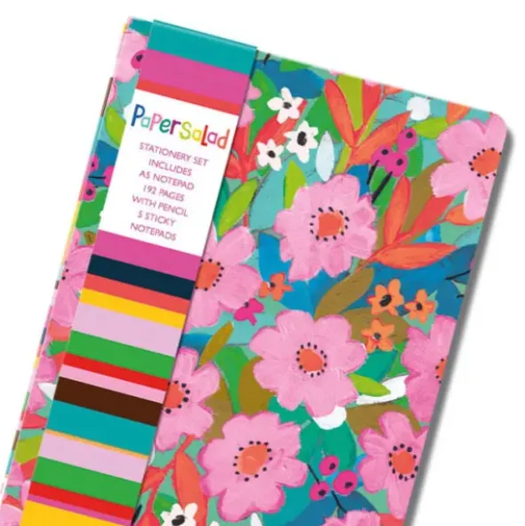 Notizset DIN A5 mit Blumenmotiv bunt - mit Notizblock, Haftnotizen und Bleistift