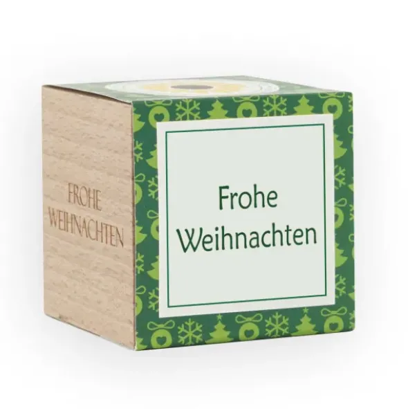 Pflanzwürfel Frohes Fest grün - Weihnachten - Sonnenblume im Holzwürfel
