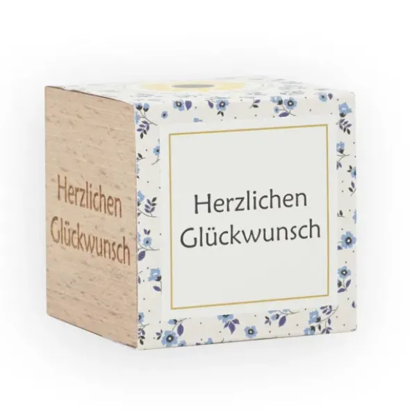 Pflanzwürfel HERZLICHEN GLÜCKWUNSCH - Sonnenblume im Holzwürfel