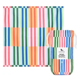Picknick- und Stranddecke XL 240 x 170 cm mit Beutel – schnelltrocknend & leicht, bunt gestreift