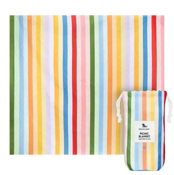 Picknick- und Stranddecke XL 240 x 170 cm mit Beutel – schnelltrocknend & leicht, bunt gestreift