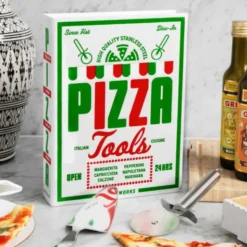 Pizza Set im Aufbewahrungsbuch 2-teilig – Pizzaschneider und Pizzaheber aus Edelstahl
