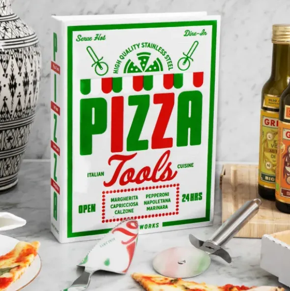 Pizza Set im Aufbewahrungsbuch 2-teilig – Pizzaschneider und Pizzaheber aus Edelstahl
