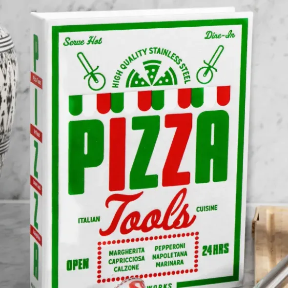 Pizza Set im Aufbewahrungsbuch 2-teilig – Pizzaschneider und Pizzaheber aus Edelstahl