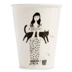 Porzellanbecher weiß - Motiv Frau mit Katze "Black cat"