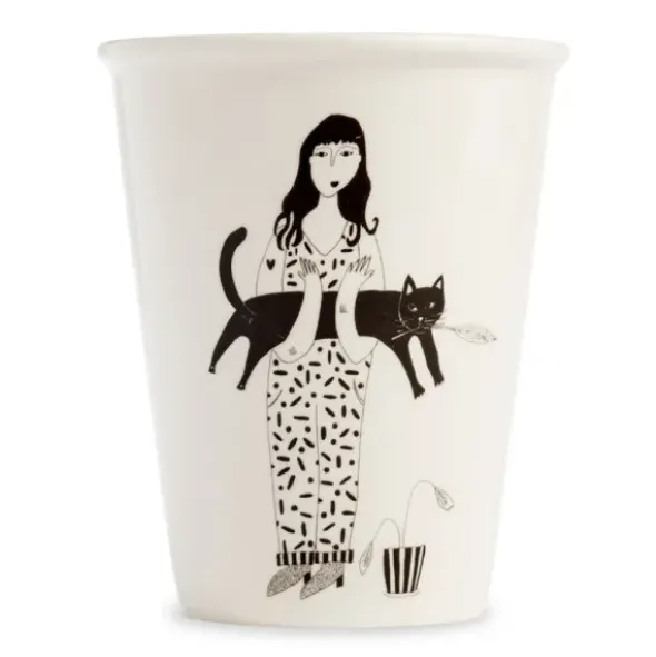 Porzellanbecher weiß - Motiv Frau mit Katze "Black cat"