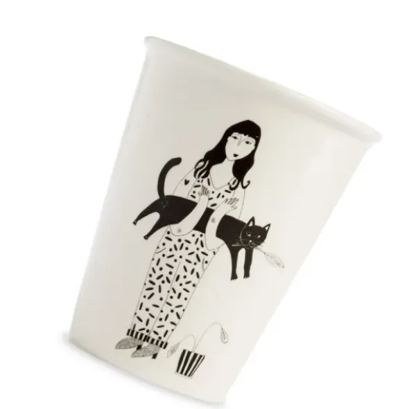 Porzellanbecher weiß - Motiv Frau mit Katze "Black cat"