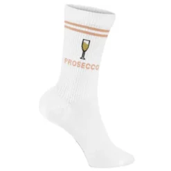 Prosecco Socken Gr. 40-43 - weiße Motivsocken mit gesticktem Prosecco-Glas und Schriftzug