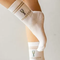 Prosecco Socken Gr. 36-39 - weiße Motivsocken mit gesticktem Prosecco-Glas und Schriftzug