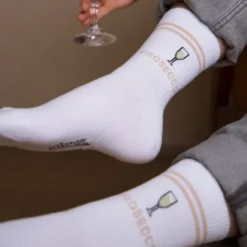Prosecco Socken Gr. 36-39 - weiße Motivsocken mit gesticktem Prosecco-Glas und Schriftzug