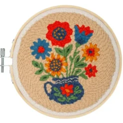 Punch Needle Set - Stickbild Blumenstrauß in Vase - Lochnadel DIY Stickset Ø 15 cm