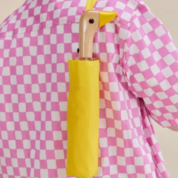 Regenschirm gelb mit Entenkopf Griff aus Holz - Original Duckhead Taschenschirm