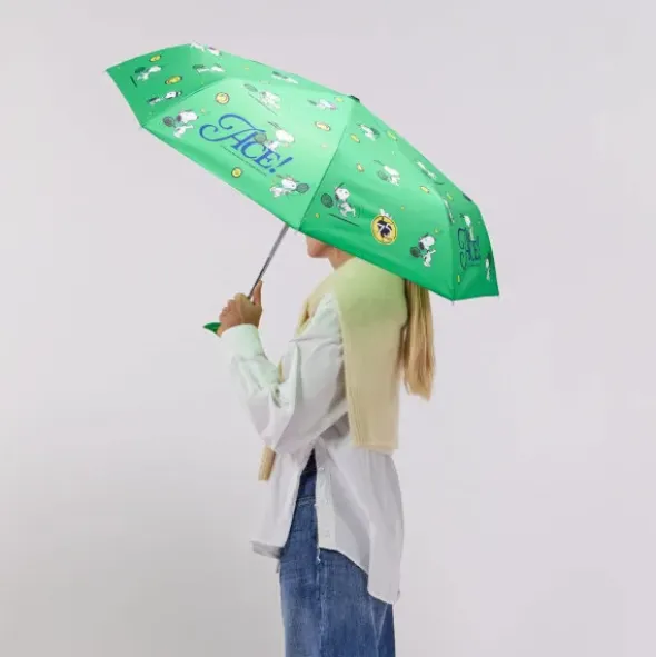 Regenschirm grün mit Entenkopf Griff aus Holz & Snoopy Motiv Tennis - Original Duckhead Taschenschirm