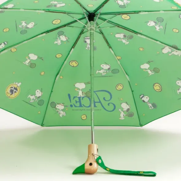 Regenschirm grün mit Entenkopf Griff aus Holz & Snoopy Motiv Tennis - Original Duckhead Taschenschirm