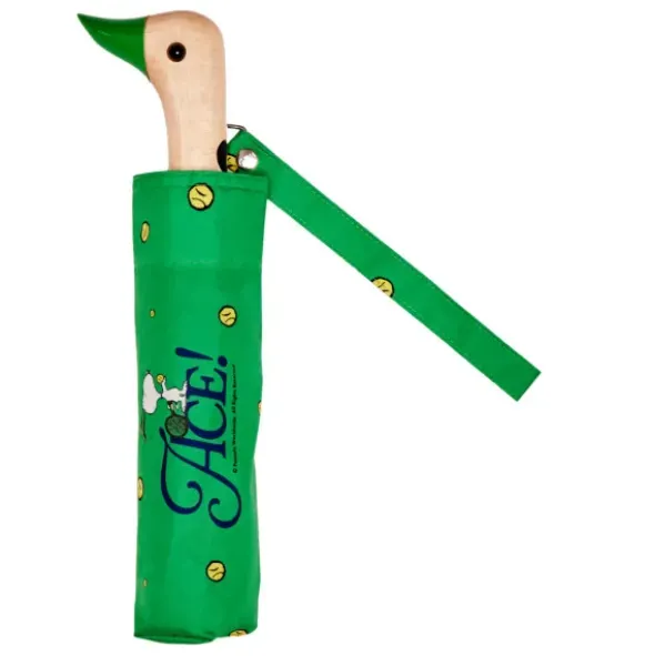 Regenschirm grün mit Entenkopf Griff aus Holz & Snoopy Motiv Tennis - Original Duckhead Taschenschirm