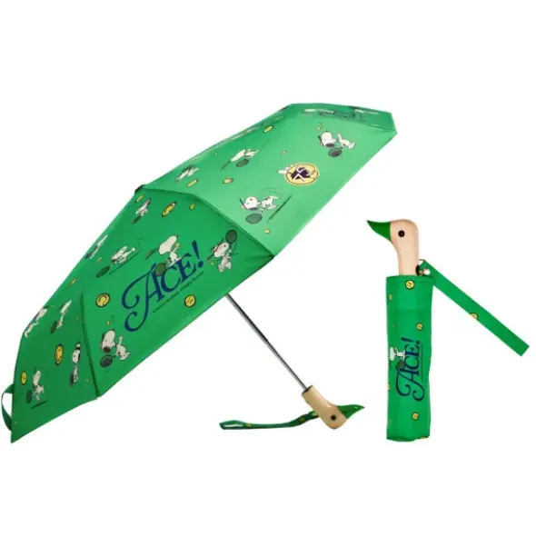 Regenschirm grün mit Entenkopf Griff aus Holz & Snoopy Motiv Tennis - Original Duckhead Taschenschirm