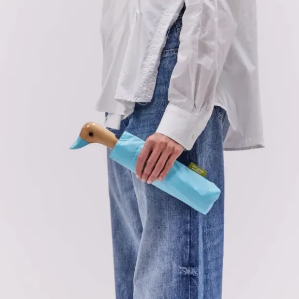 Regenschirm hellblau mit Entenkopf Griff aus Holz - Original Duckhead Taschenschirm