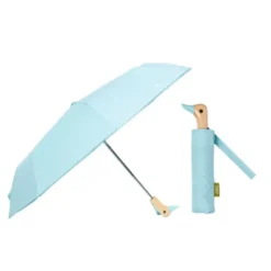 Regenschirm hellblau mit Entenkopf Griff aus Holz - Original Duckhead Taschenschirm