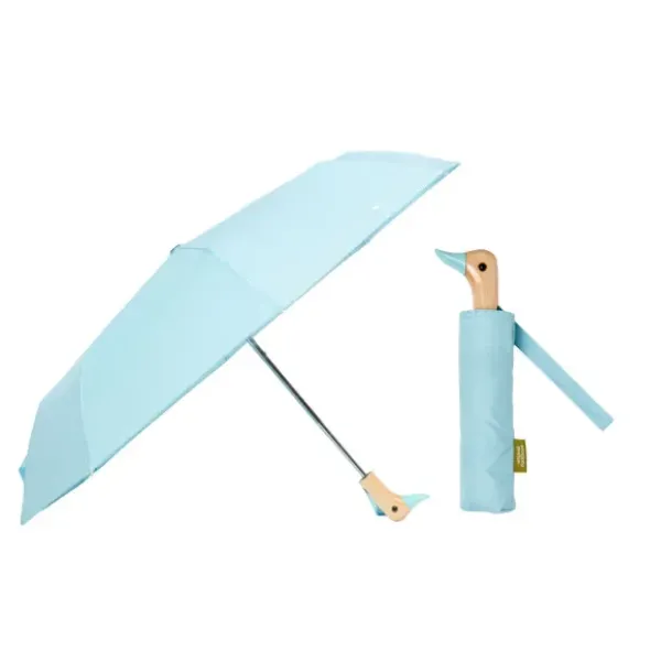 Regenschirm hellblau mit Entenkopf Griff aus Holz - Original Duckhead Taschenschirm