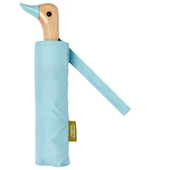 Regenschirm hellblau mit Entenkopf Griff aus Holz - Original Duckhead Taschenschirm