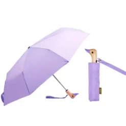 Regenschirm lila mit Entenkopf Griff aus Holz - Original Duckhead Taschenschirm