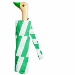 Regenschirm mit Entenkopf Griff aus Holz grün weiß gemustert - Original Duckhead Taschenschirm
