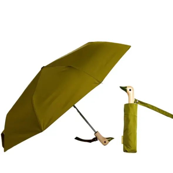 Regenschirm mit Entenkopf Griff aus Holz grün - Original Duckhead Taschenschirm